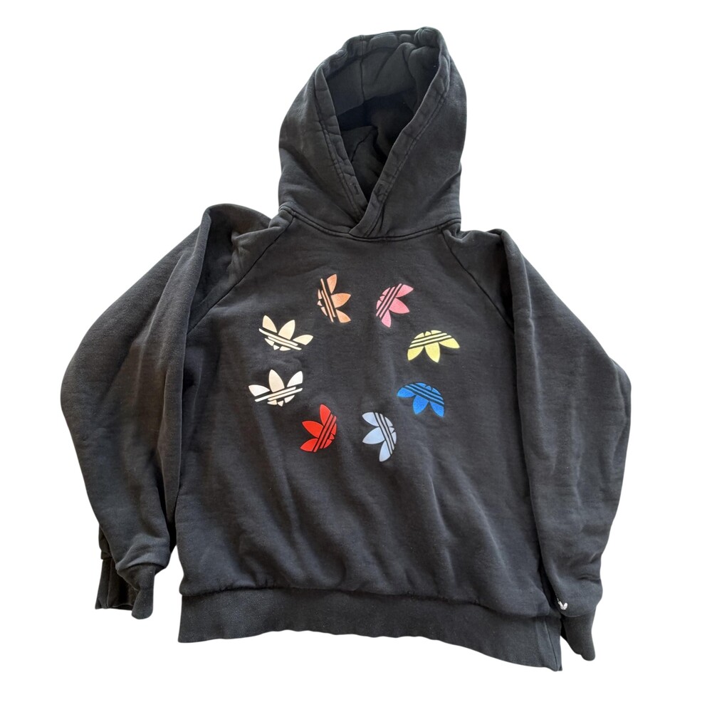 Adidas Hoodie Womens Large Gray Multicolor Trefoil Logo Graphic Pullover Fleece